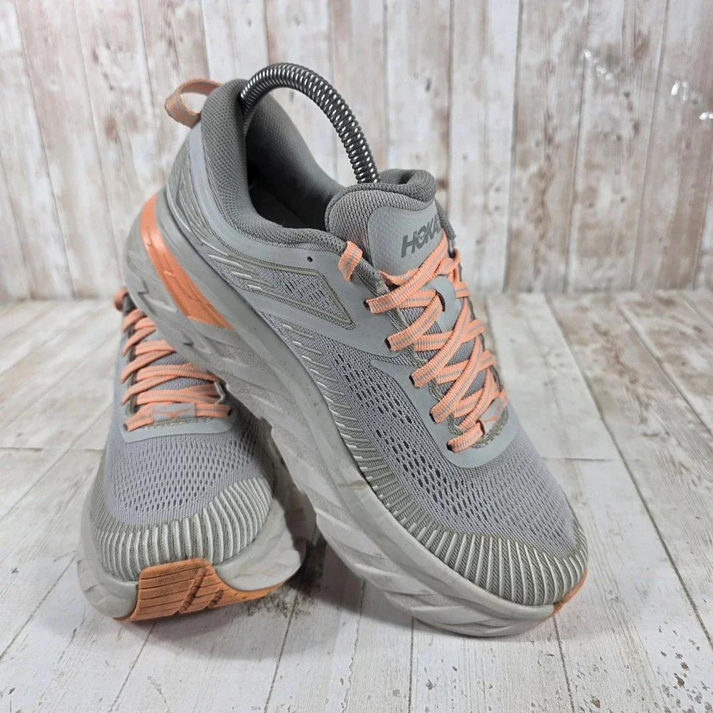 Hoka One One Bondi 7 Womens 7 Grey Orange Running Shoes 1110519 HMSH Harbor Mist